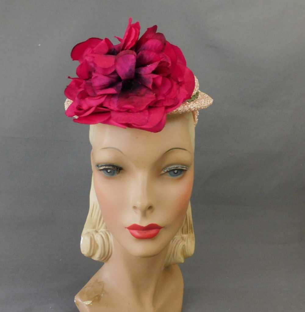 Vintage Pink Straw Floral Topper Hat 1950s, G. Ho… - image 2
