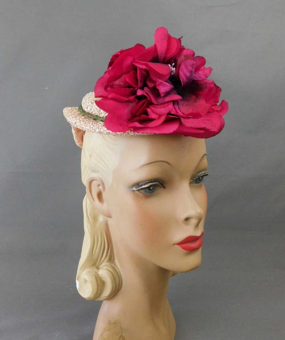 Vintage Pink Straw Floral Topper Hat 1950s, G. Ho… - image 4