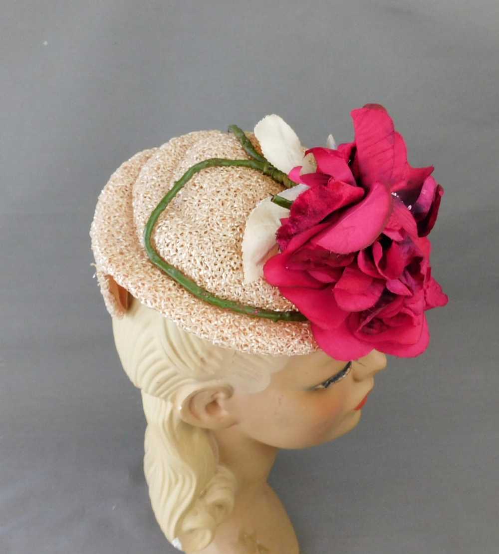 Vintage Pink Straw Floral Topper Hat 1950s, G. Ho… - image 6