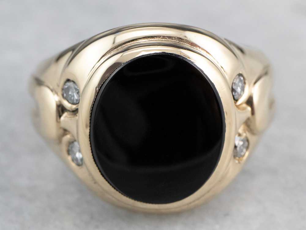 Retro Black Onyx Diamond Gold Ring - image 2