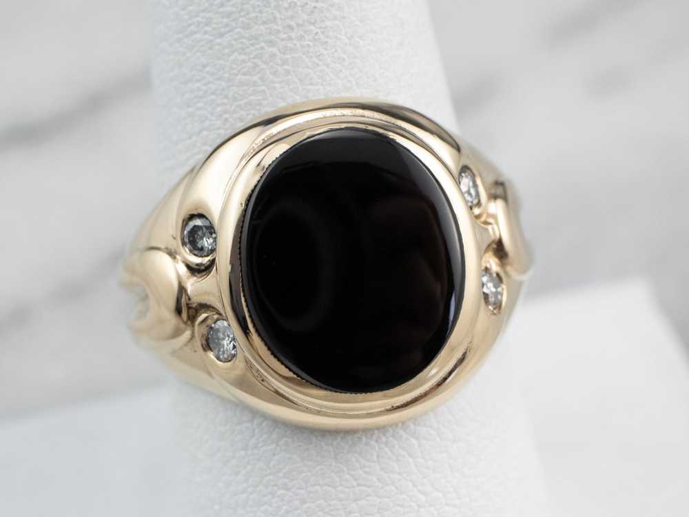 Retro Black Onyx Diamond Gold Ring - image 7