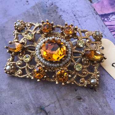 Amber Czech Rhinestone + Pearl Gold Brooch - image 1