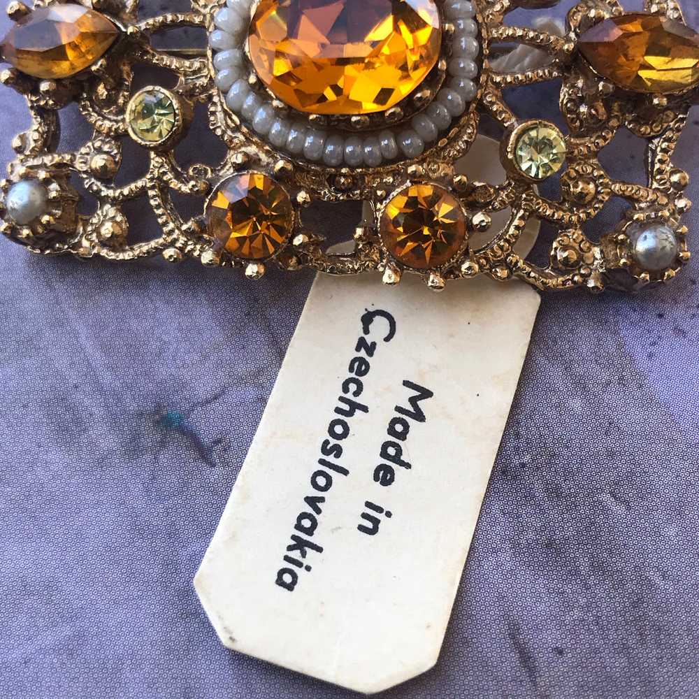 Amber Czech Rhinestone + Pearl Gold Brooch - image 4