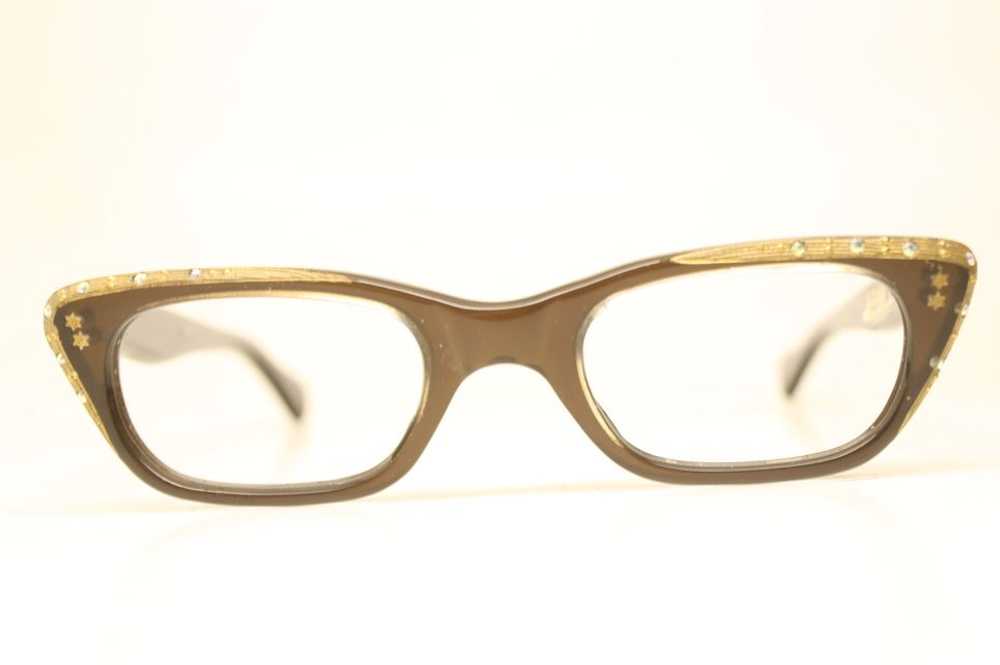 NOS Small Brown Rhinestone Cat Eye Glasses Unused - image 1