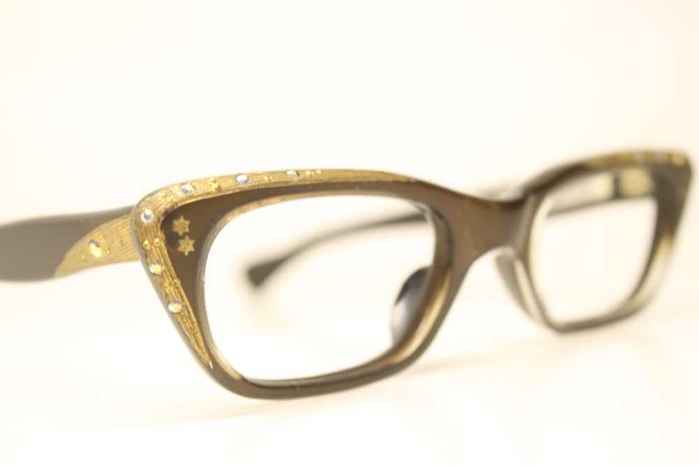 NOS Small Brown Rhinestone Cat Eye Glasses Unused - image 3