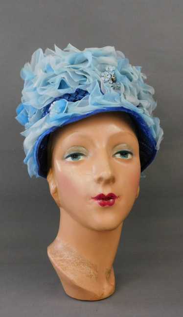 Vintage Blue Floral and Straw Hat 1960s 21 inch he