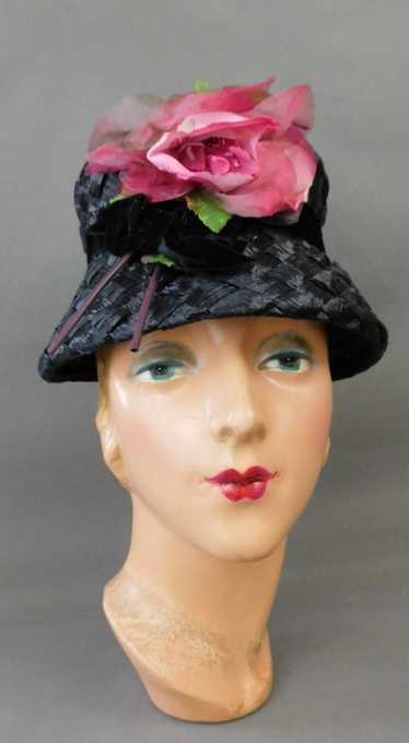 Vintage Black Raffia Bucket Hat with Pink Rose Flo