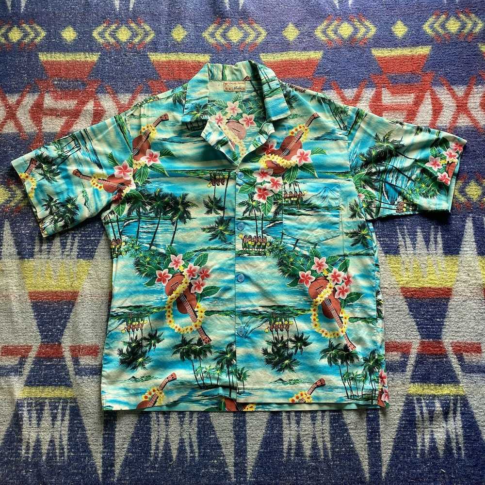 Handmade 60s vintage Aloha Hawaiian Shirt Blue Pa… - image 1