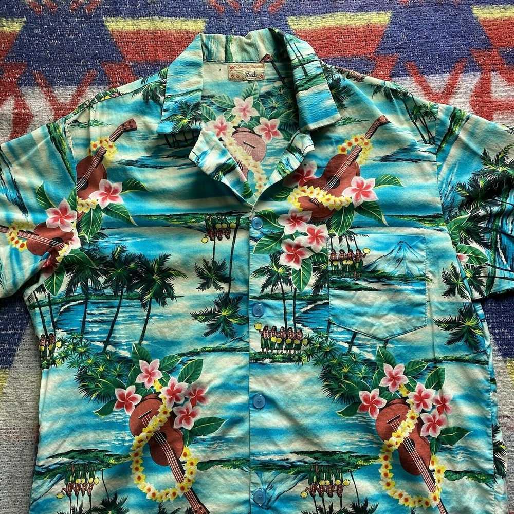 Handmade 60s vintage Aloha Hawaiian Shirt Blue Pa… - image 2