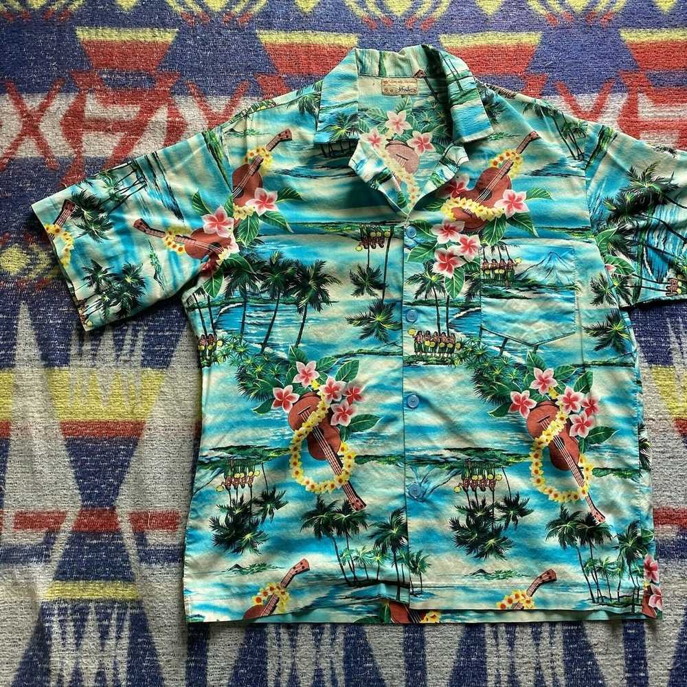 Handmade 60s vintage Aloha Hawaiian Shirt Blue Pa… - image 3
