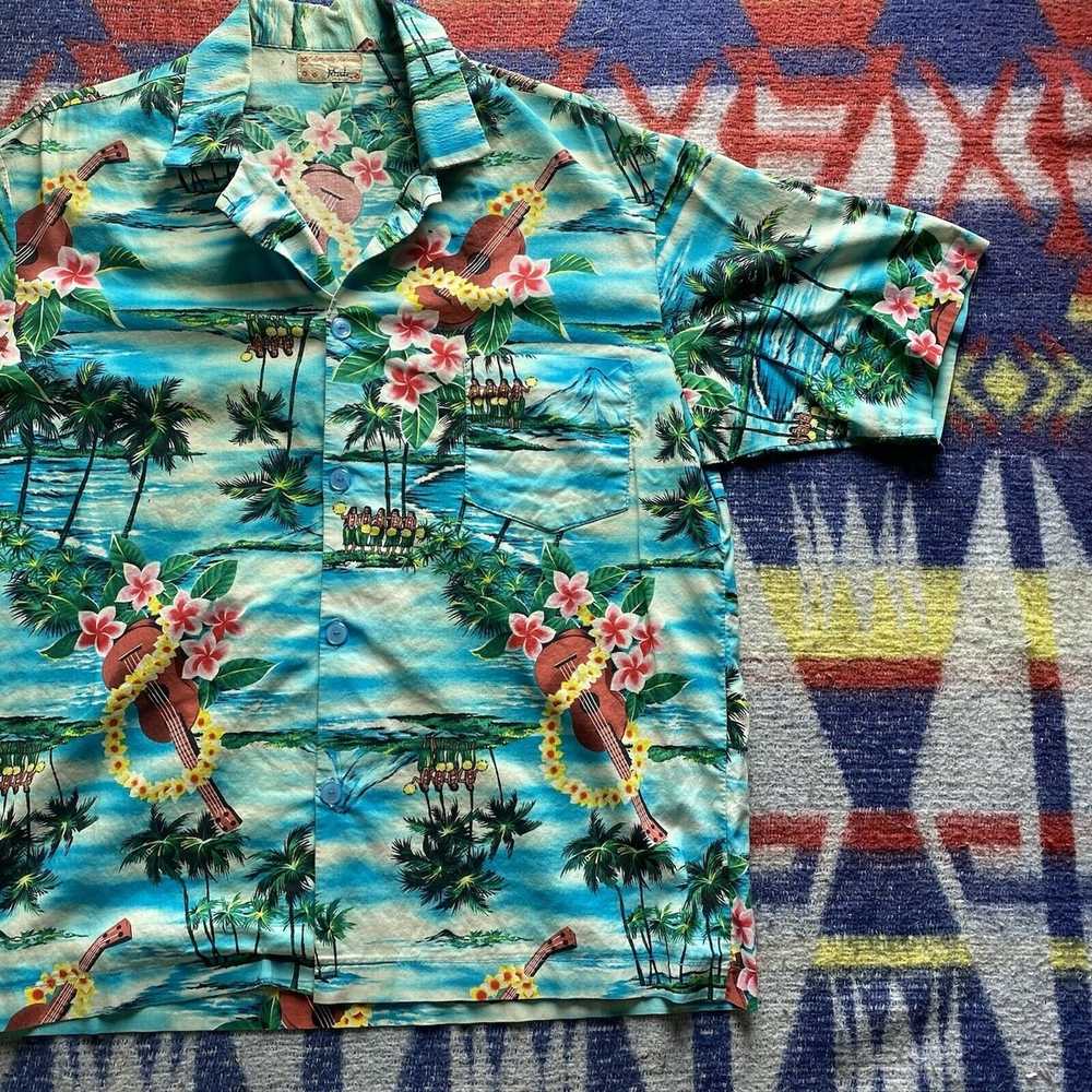 Handmade 60s vintage Aloha Hawaiian Shirt Blue Pa… - image 4