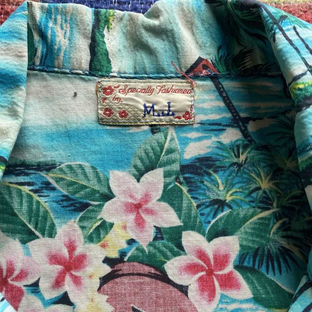 Handmade 60s vintage Aloha Hawaiian Shirt Blue Pa… - image 7