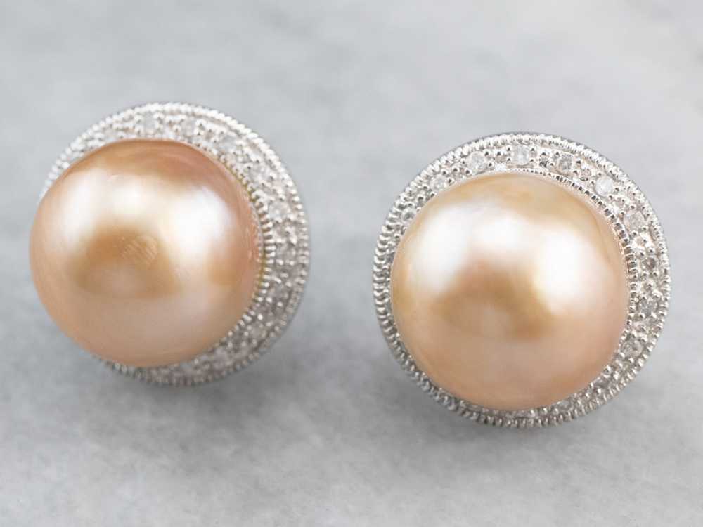 Pink Pearl Diamond Halo Stud Earrings - image 1
