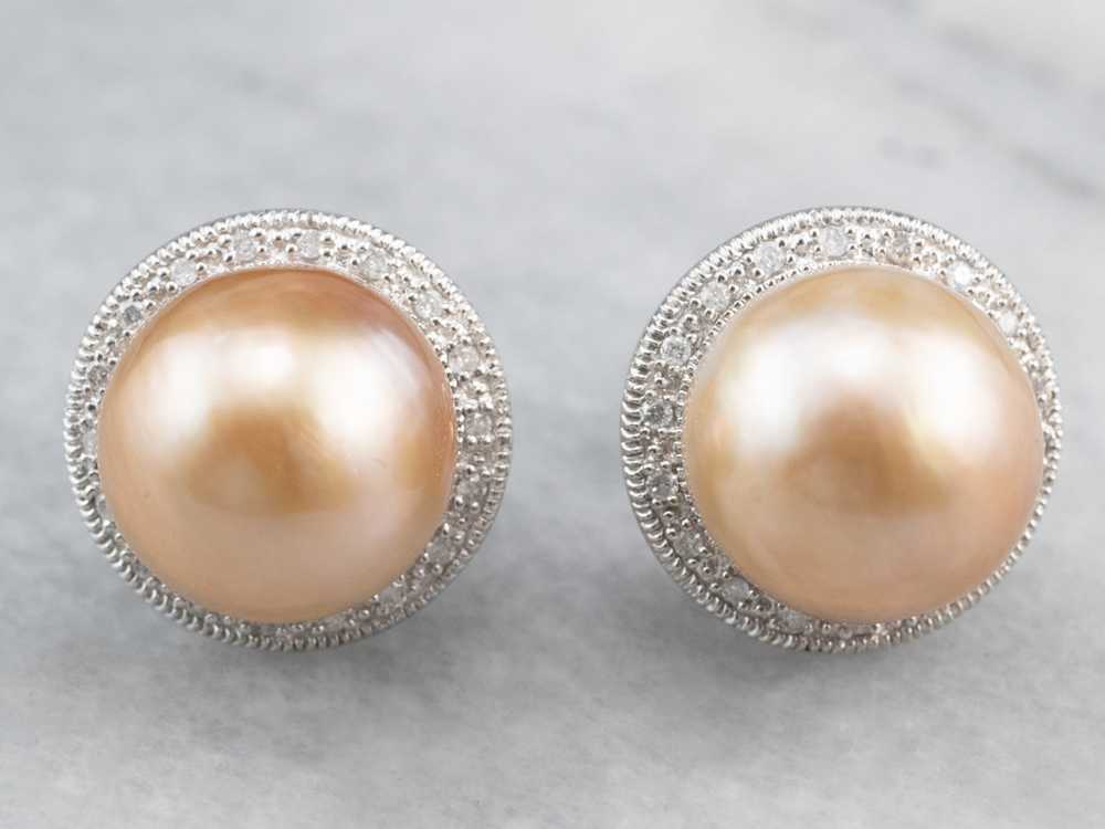 Pink Pearl Diamond Halo Stud Earrings - image 2