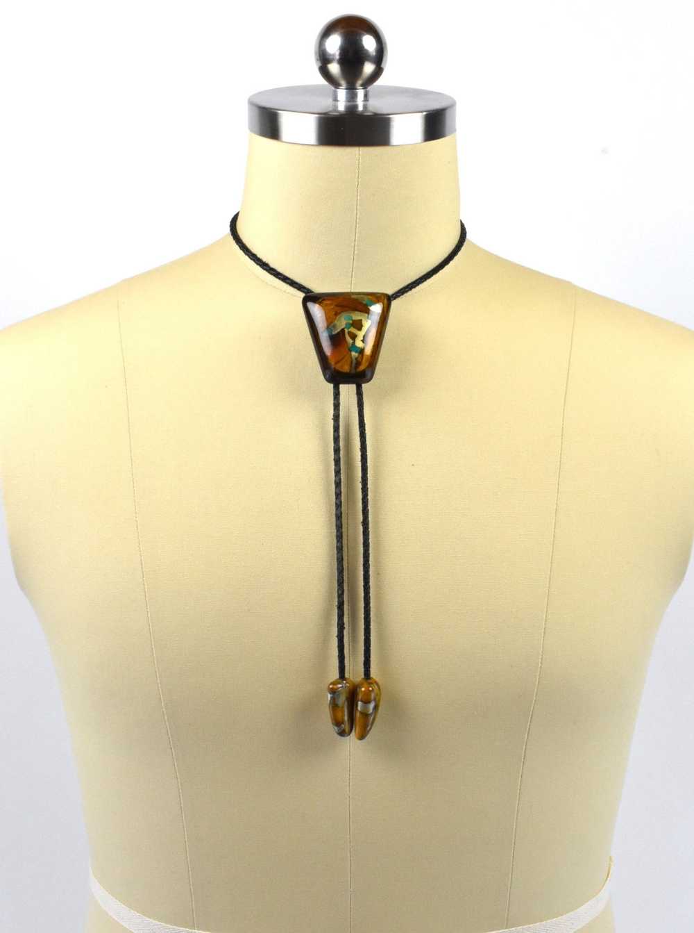 Handmade 1970's Bolo Tie Wood, Turquoise and Ster… - image 1