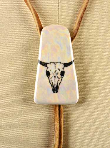 Bull Skull on Iridescent Ceramic Bolo Tie