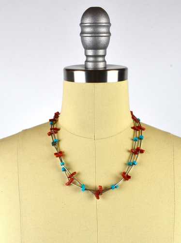 Turquoise and Coral Layered Necklace with Sterlin… - image 1