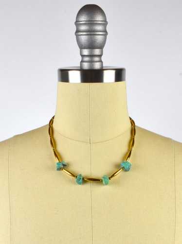 Gold Metal Choker Necklace with Chunky Raw Turquoi