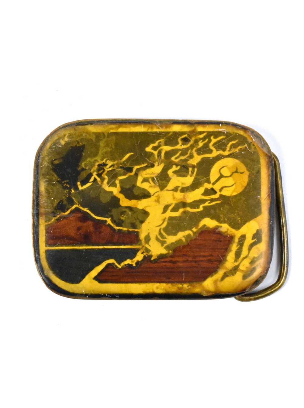 1970's Belt Buckle with Mountain and Tree Scene f… - image 1