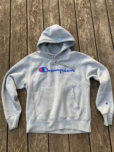 Champion reverse weave chain stitch logo sale dusted blue womens hoodie