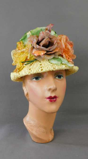 Vintage Yellow Straw Floral Hat 1960s 22 inch head