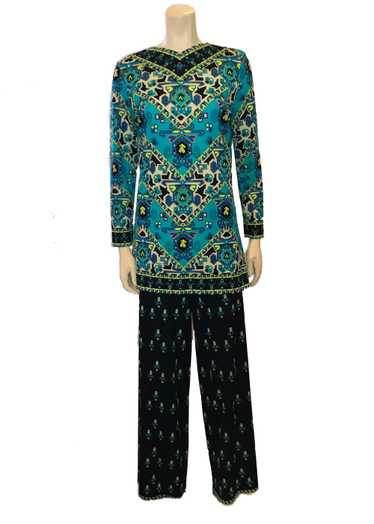 1970s Mr. Dino Blue Patterned Pant & Tunic Top Set