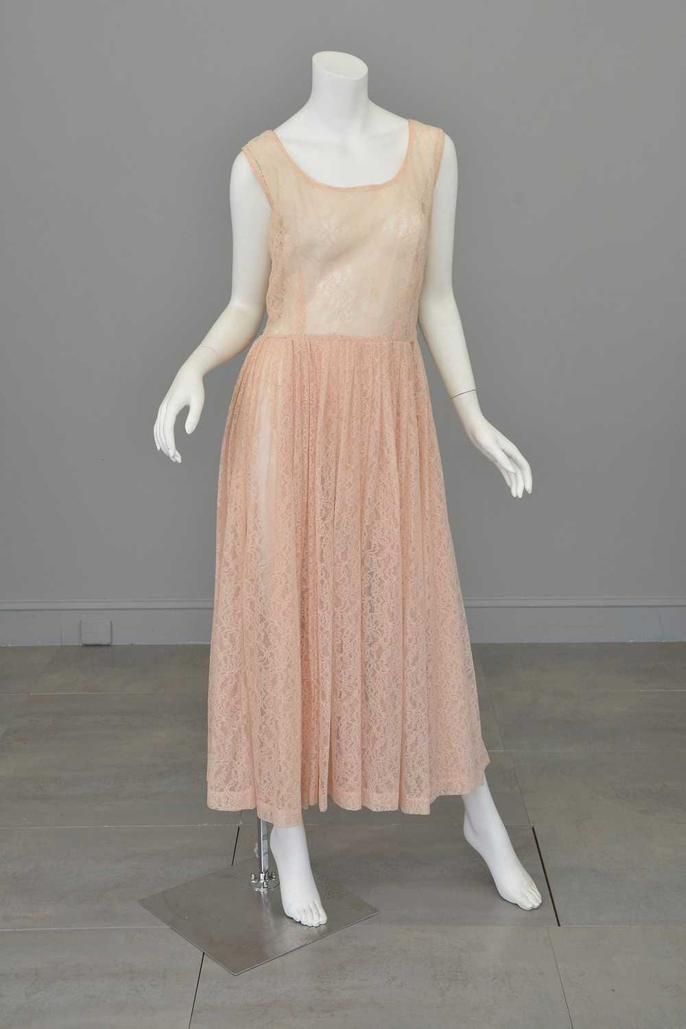 1940s 50s Sheer Light Pink Embroidered Lace Gown - image 1