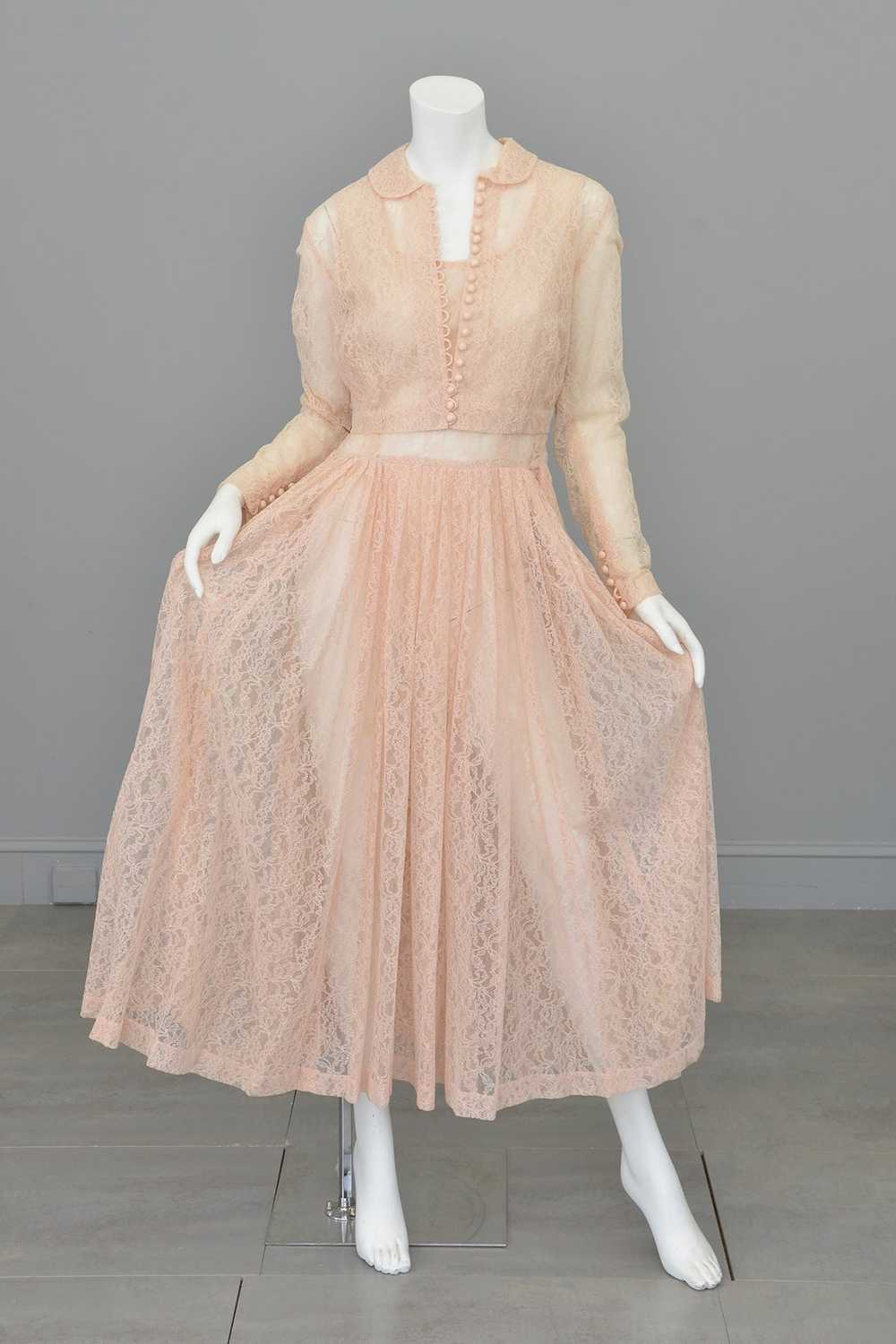 1940s 50s Sheer Light Pink Embroidered Lace Gown - image 2