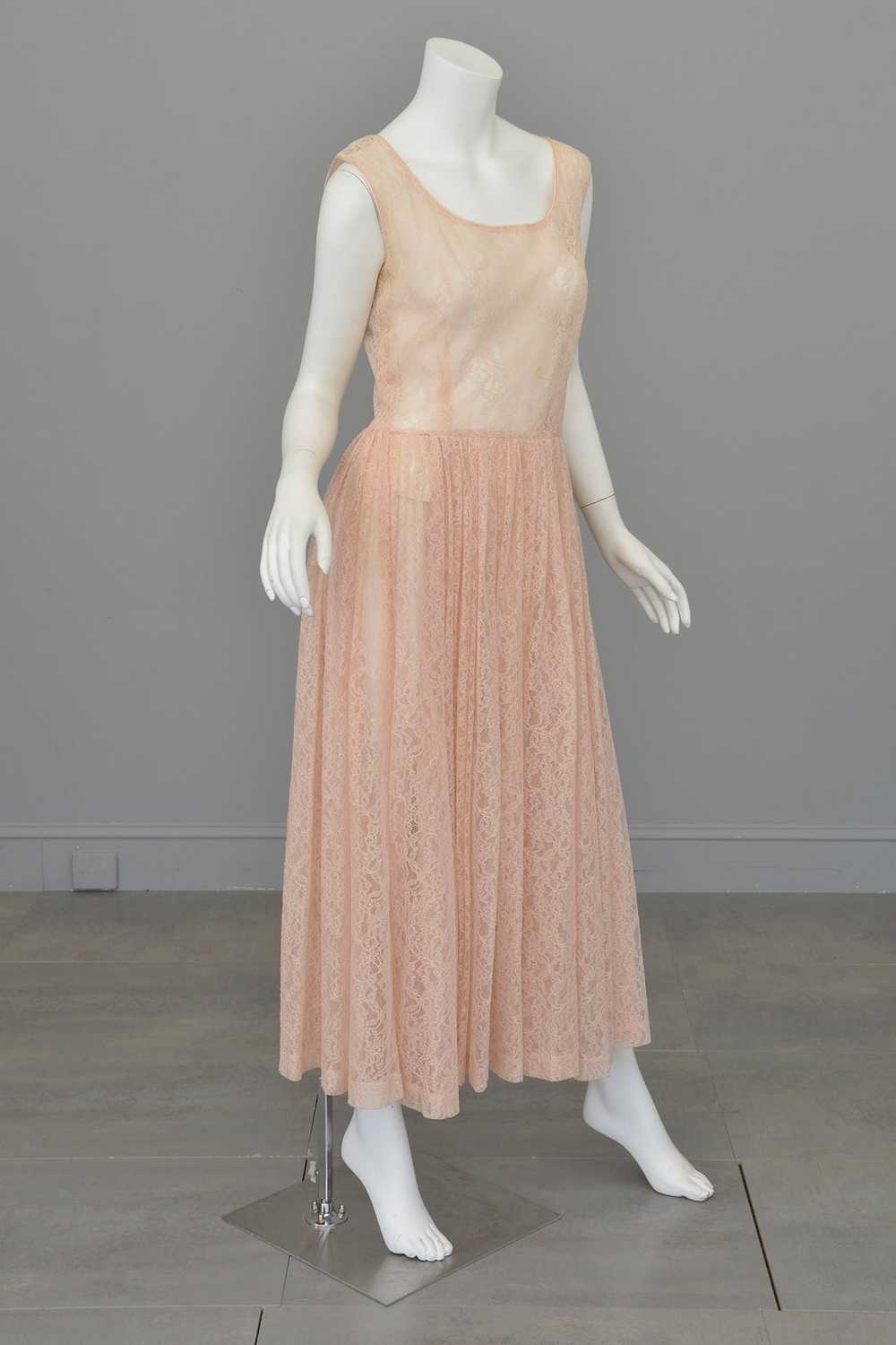 1940s 50s Sheer Light Pink Embroidered Lace Gown - image 3