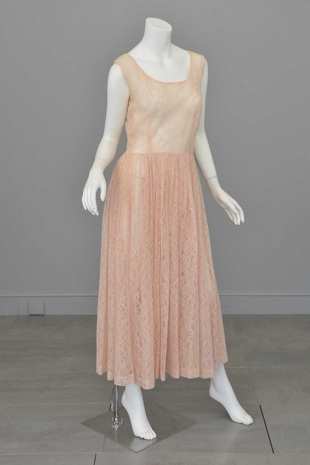 1940s 50s Sheer Light Pink Embroidered Lace Gown - image 4
