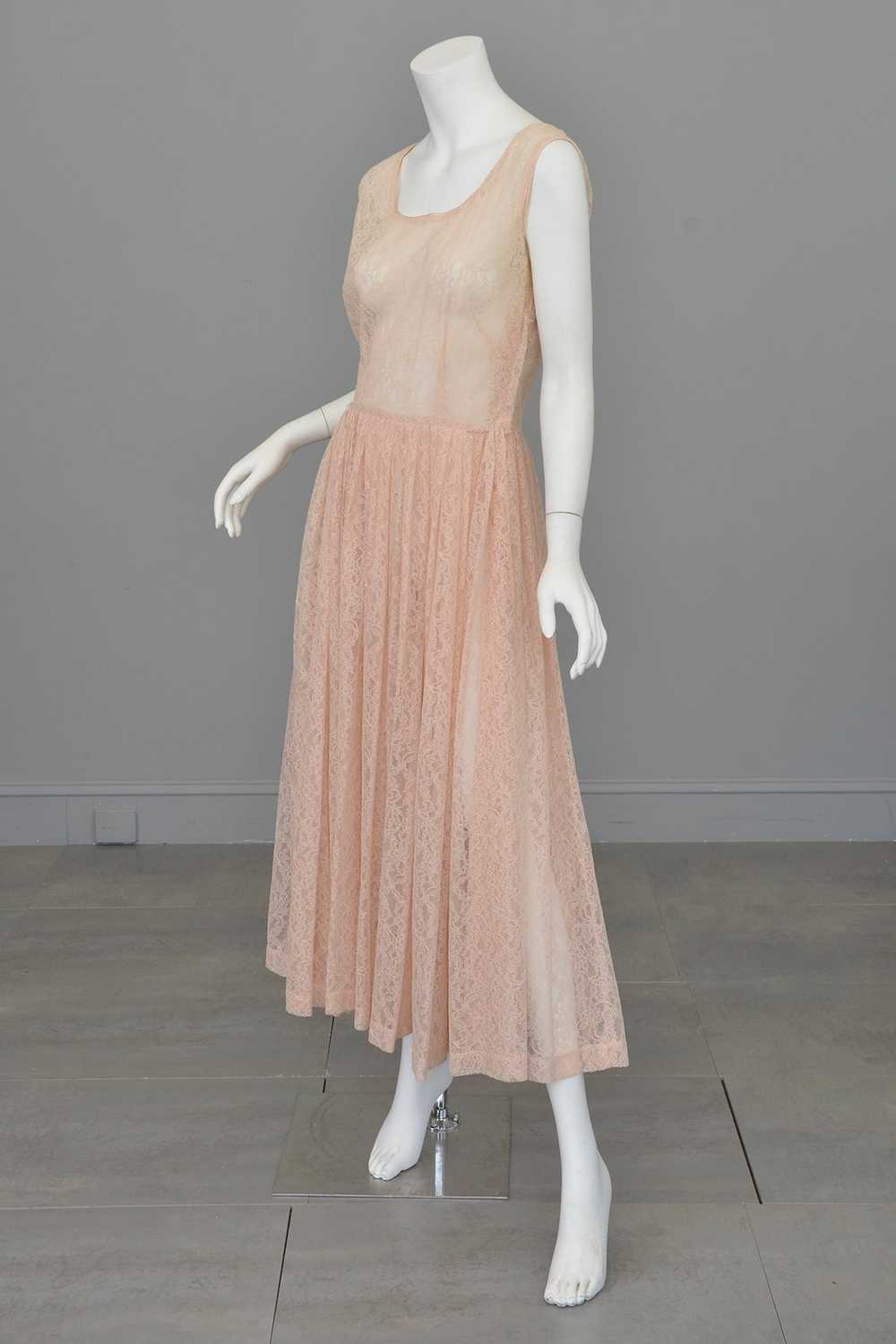 1940s 50s Sheer Light Pink Embroidered Lace Gown - image 5