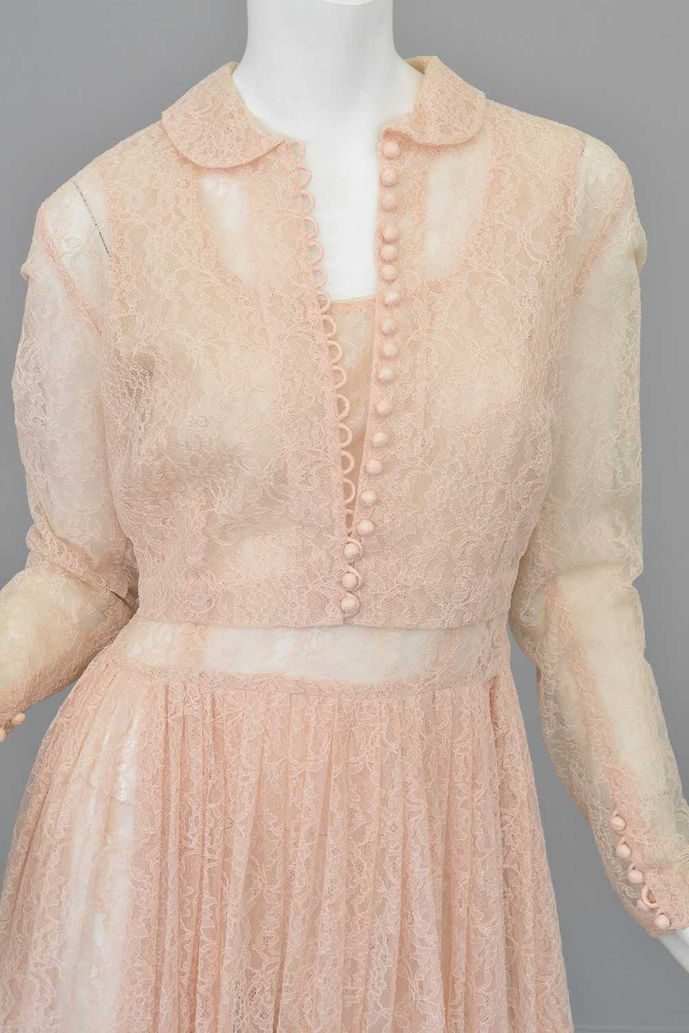 1940s 50s Sheer Light Pink Embroidered Lace Gown - image 9