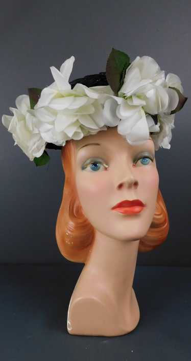 Vintage Navy Straw Topper Hat with White Flowers,… - image 1