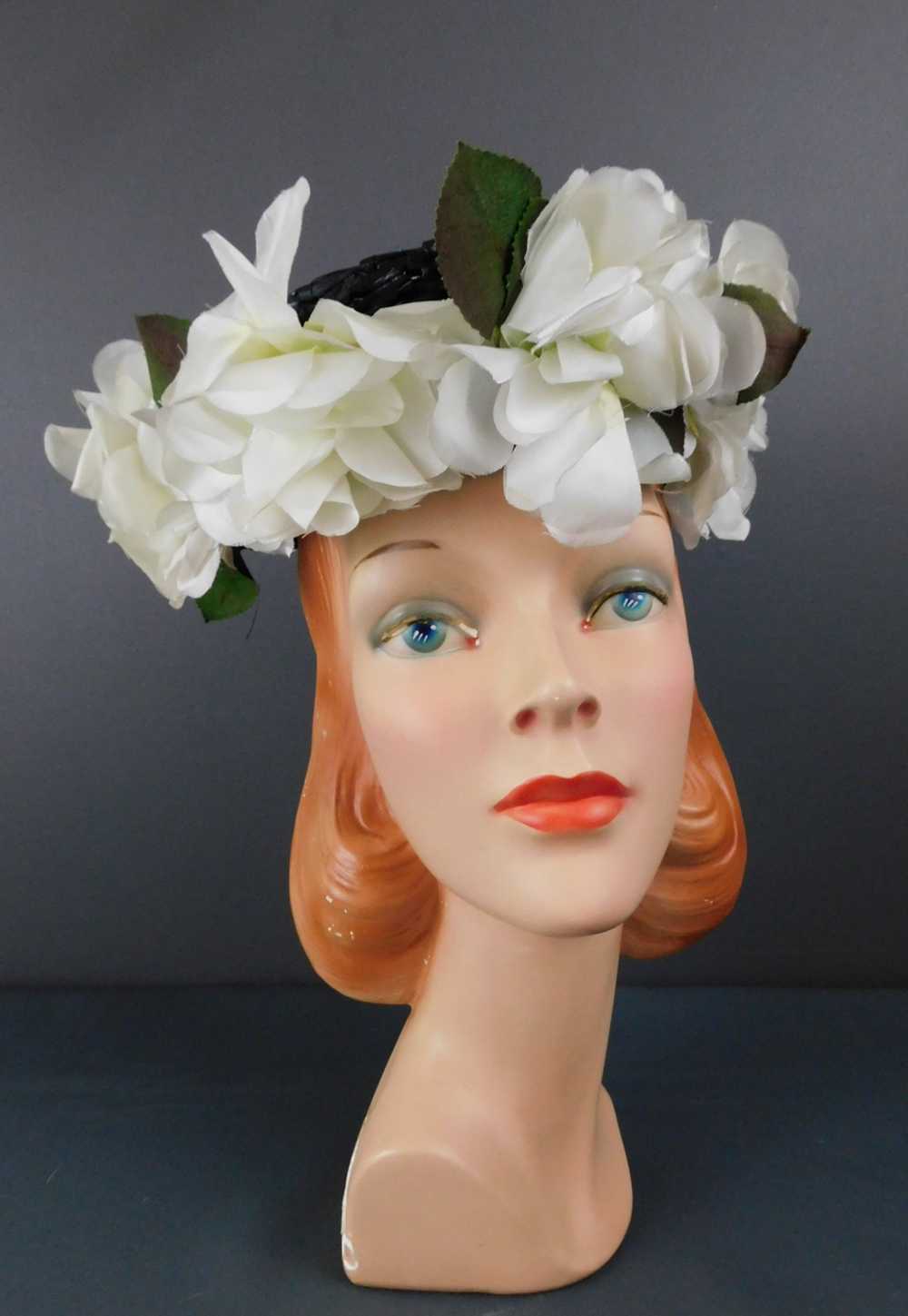 Vintage Navy Straw Topper Hat with White Flowers,… - image 2