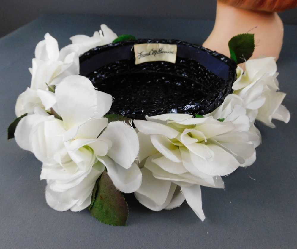 Vintage Navy Straw Topper Hat with White Flowers,… - image 5