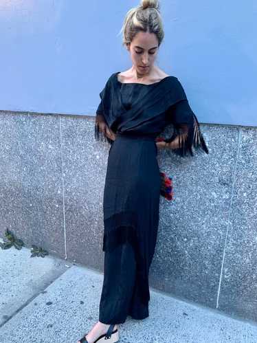 1930’s Black Silk Dress with Fringe Trim - image 1