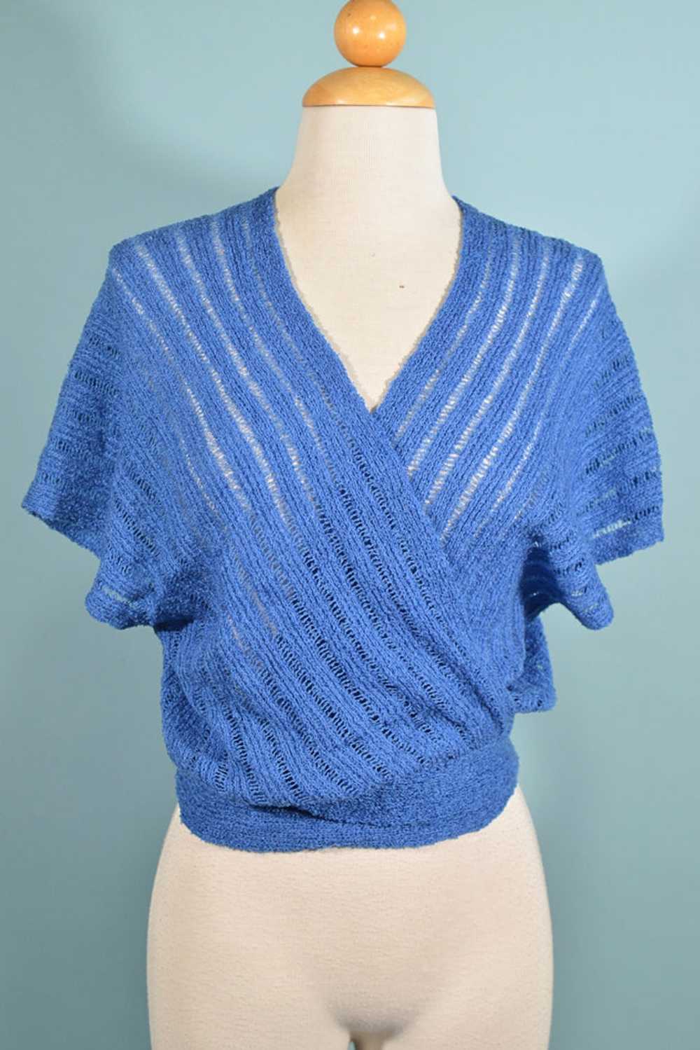 60s/70s Blue Knit Crop Top, Wrap Front M - image 1