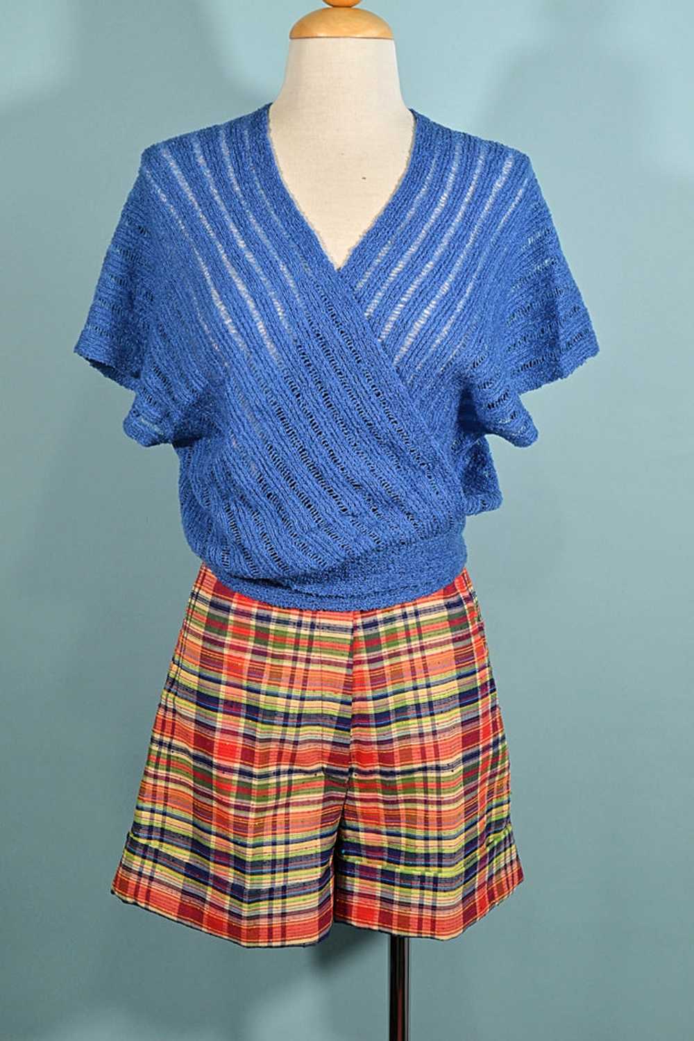 60s/70s Blue Knit Crop Top, Wrap Front M - image 3