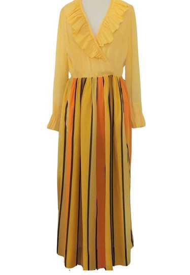 Vintage 1970s Ruffled Neck Striped Two-Tone Maxi … - image 1