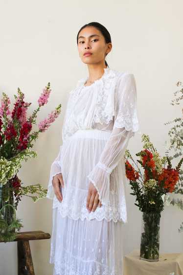Edwardian White Net Lace Tiered Dress - image 1