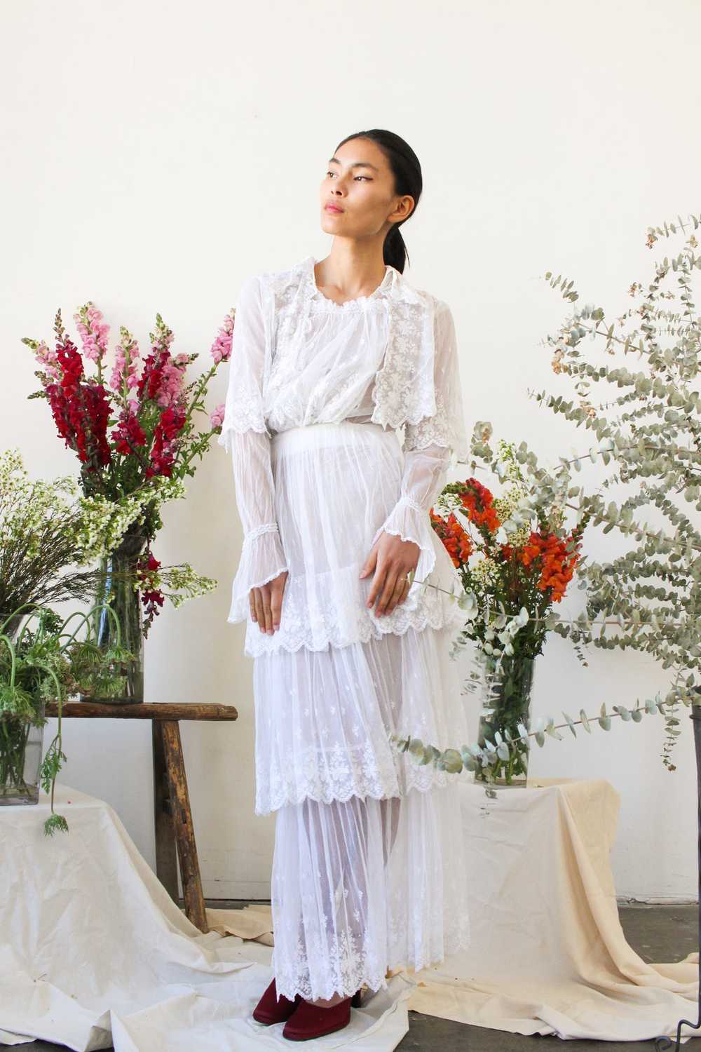 Edwardian White Net Lace Tiered Dress - image 2