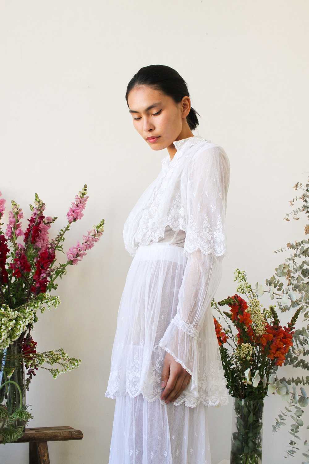 Edwardian White Net Lace Tiered Dress - image 3