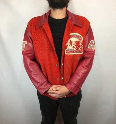 Varsity Jacket Baseball Letterman Bomber School Collage Red Wool and  Genuine Navy Blue Leather Sleeves at  Men’s Clothing store