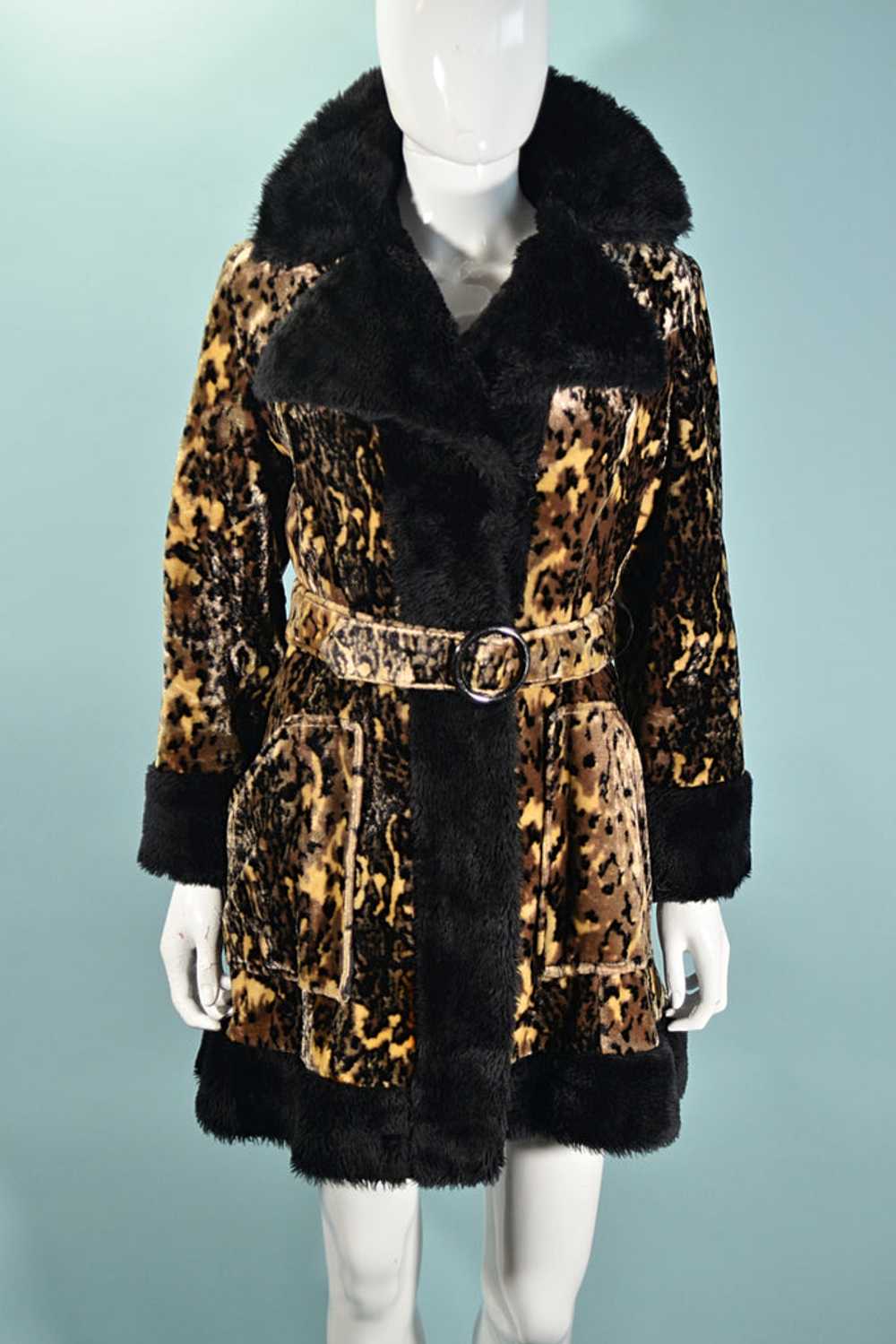 Vintage 60s Animal Print Princess Coat, Belted Pl… - image 1