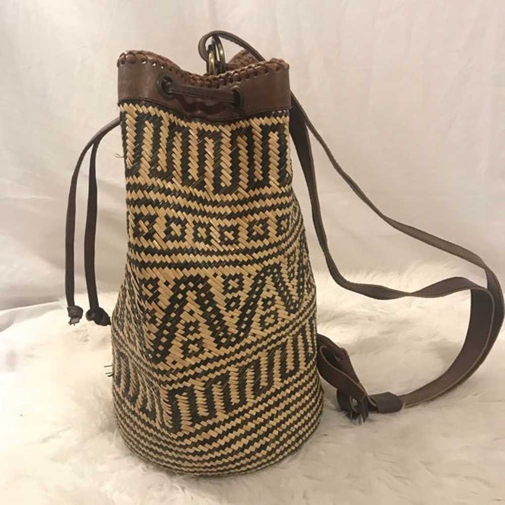 Vintage Handmade Woven Bamboo and Leather Backpack - image 2