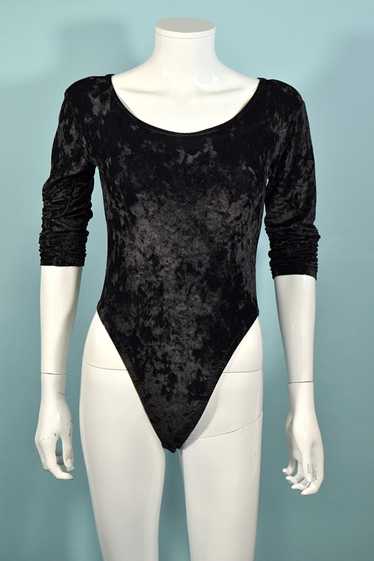Vintage Black Crushed Velvet Bodysuit, 80s Sexy Le