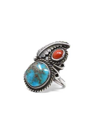 925 Sterling Navajo Red Coral & Turquoise Ring - image 1