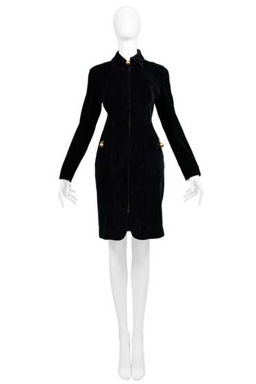 MOSCHINO BLACK VELVET ZIP COAT DRESS WITH GOLD BAL