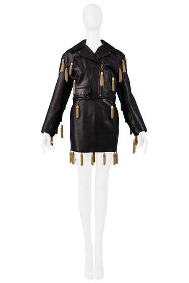 MOSCHINO BLACK LEATHER SKIRT SUIT WITH GOLD CHAIN 