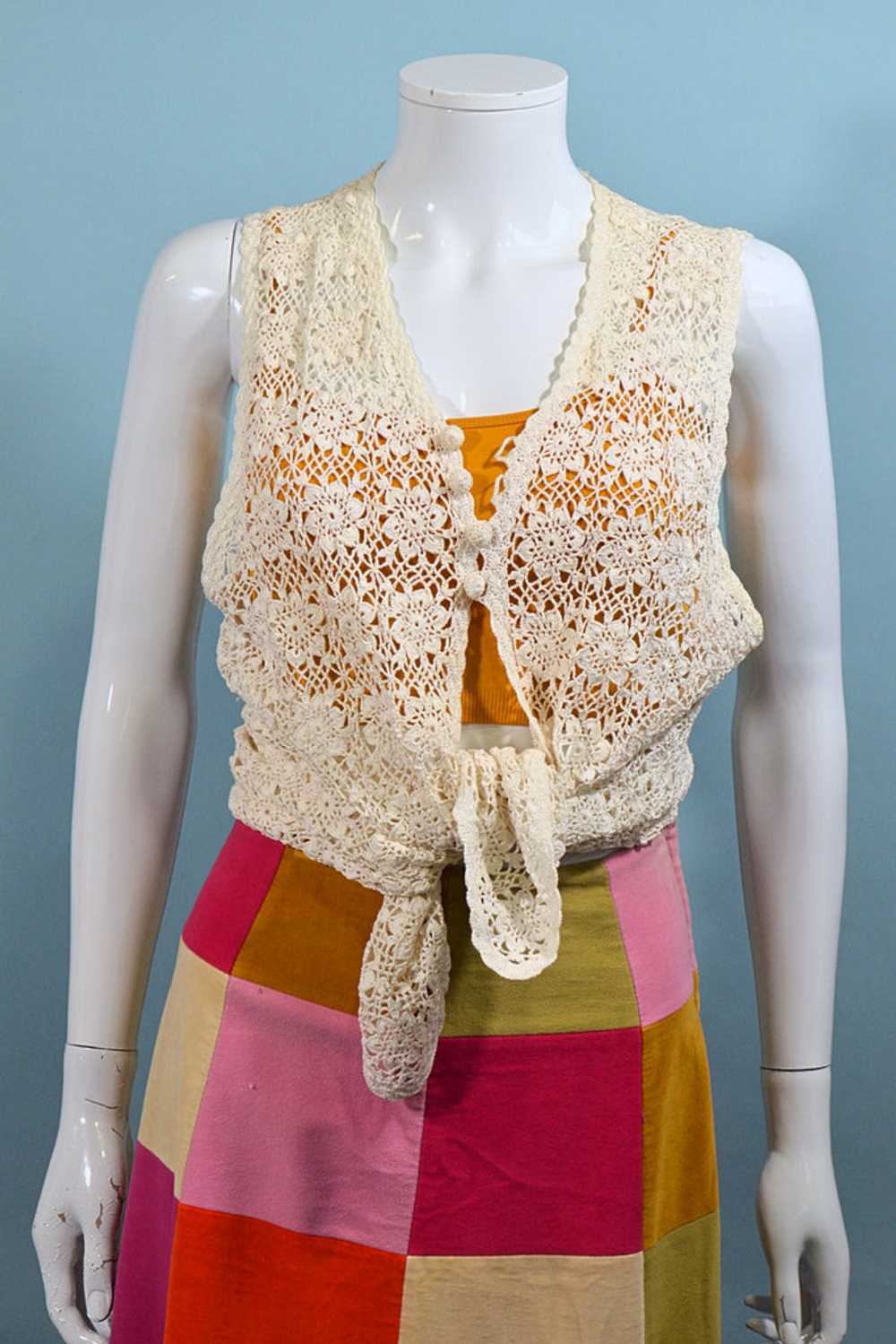 Vintage Hand Crochet Long Vest, 60s/70s Hippie Co… - image 2